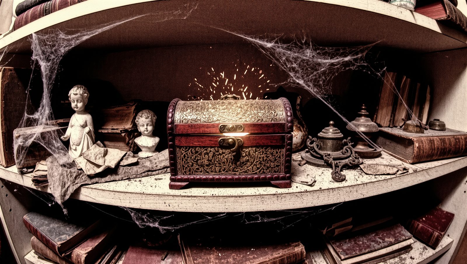 Ilustración estilo grunge de una caja de madera antigua y misteriosa en una buhardilla, representando un objeto maldito con historia real