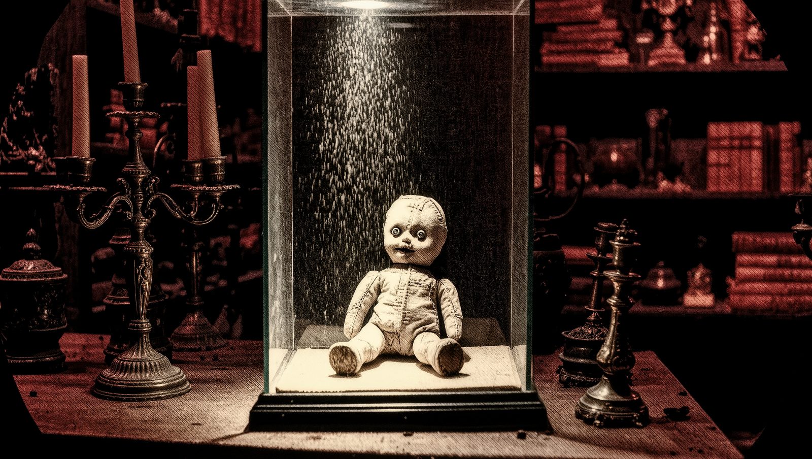 Ilustración estilo grunge de una muñeca de trapo antigua en una vitrina de museo del ocultismo, representando un objeto maldito con historia real