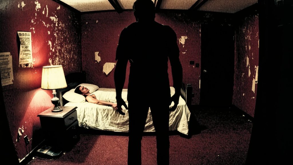 Ilustración estilo grunge de una persona en parálisis del sueño con una figura sombría al pie de la cama, fenómeno paranormal con explicación científica