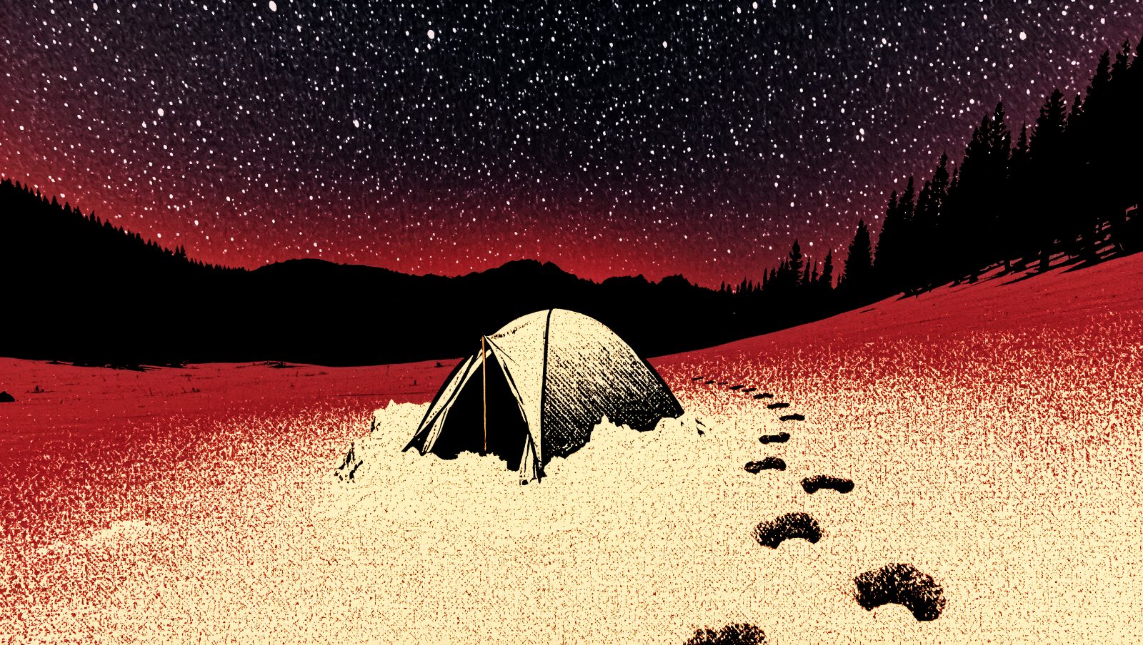 Tienda abandonada en la nieve, ilustración del misterio del paso Dyatlov estilo grunge retro