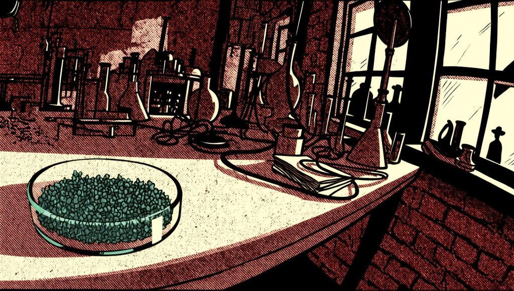 Ilustración retro grunge de un laboratorio con placa de Petri y moho, referencia al descubrimiento accidental de la penicilina