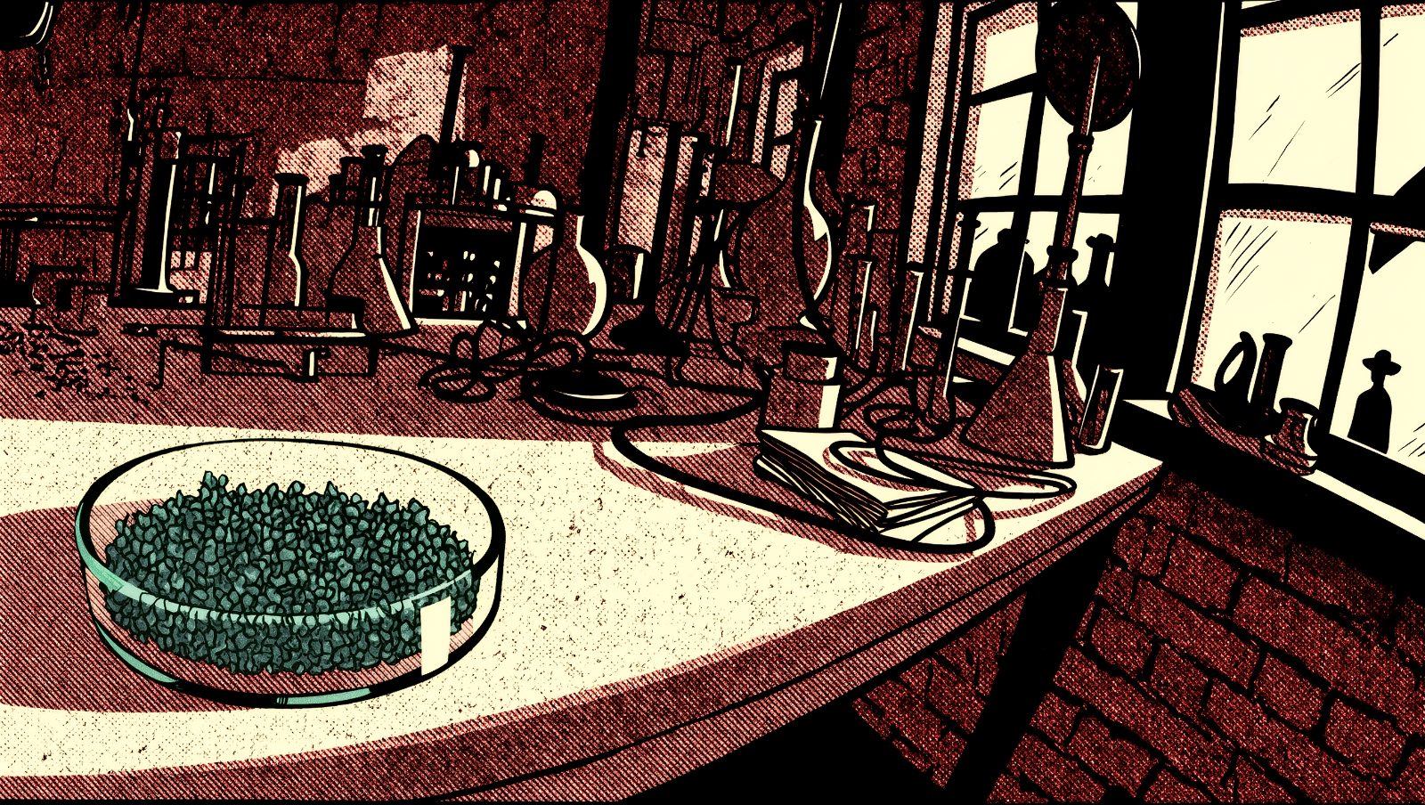 Ilustración retro grunge de un laboratorio con placa de Petri y moho, referencia al descubrimiento accidental de la penicilina