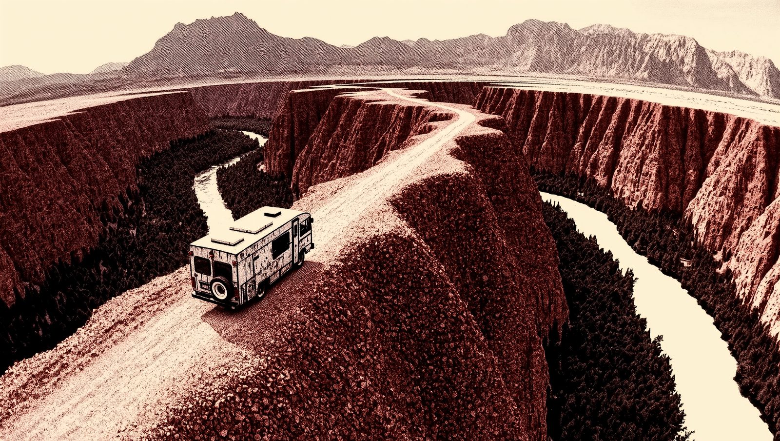 Autocaravana cruzando un desfiladero de montaña en los Picos de Europa, ilustración estilo grunge retro