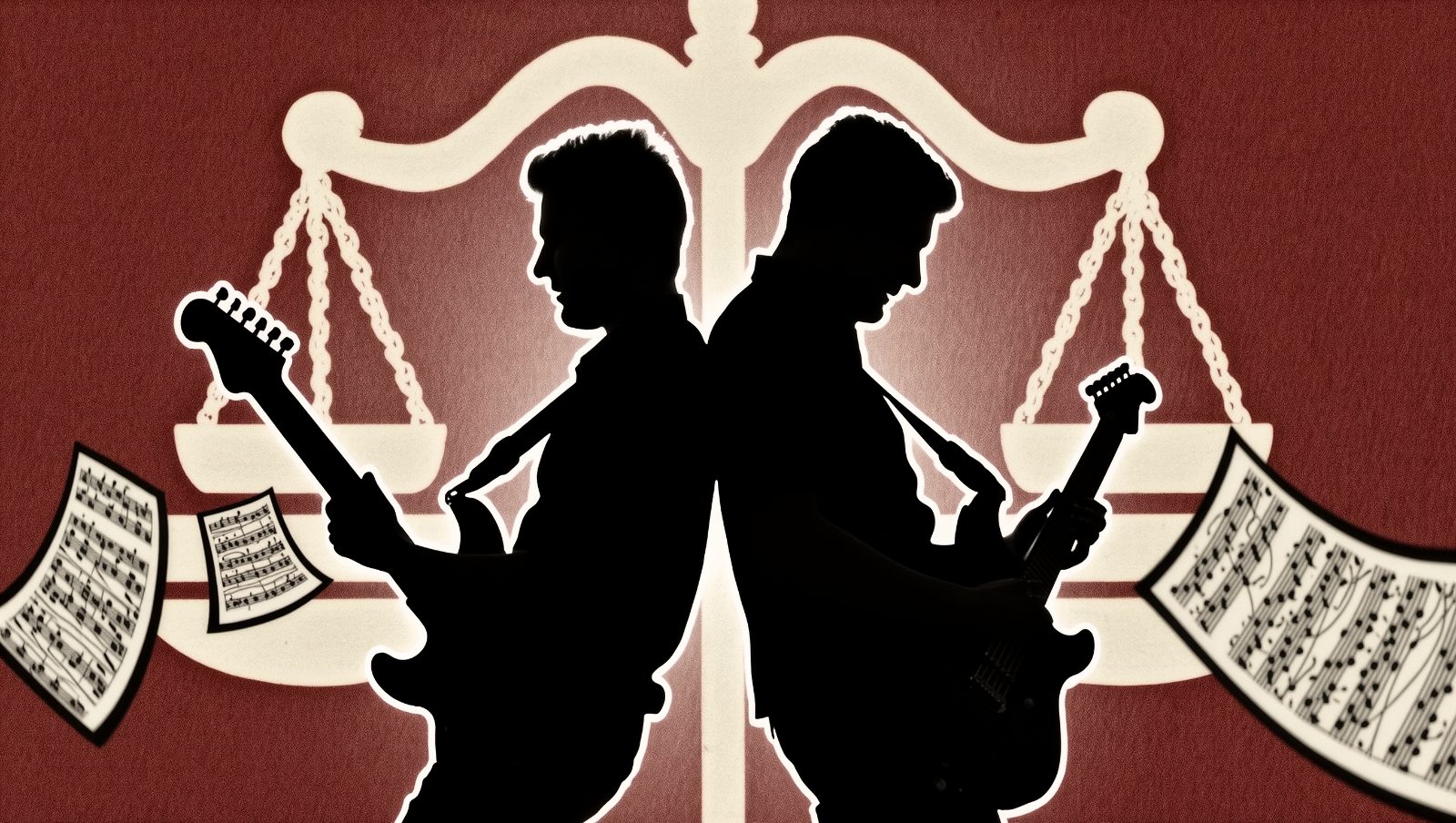 Dos guitarristas espejados simbolizando la similitud entre dos canciones en un caso de plagio