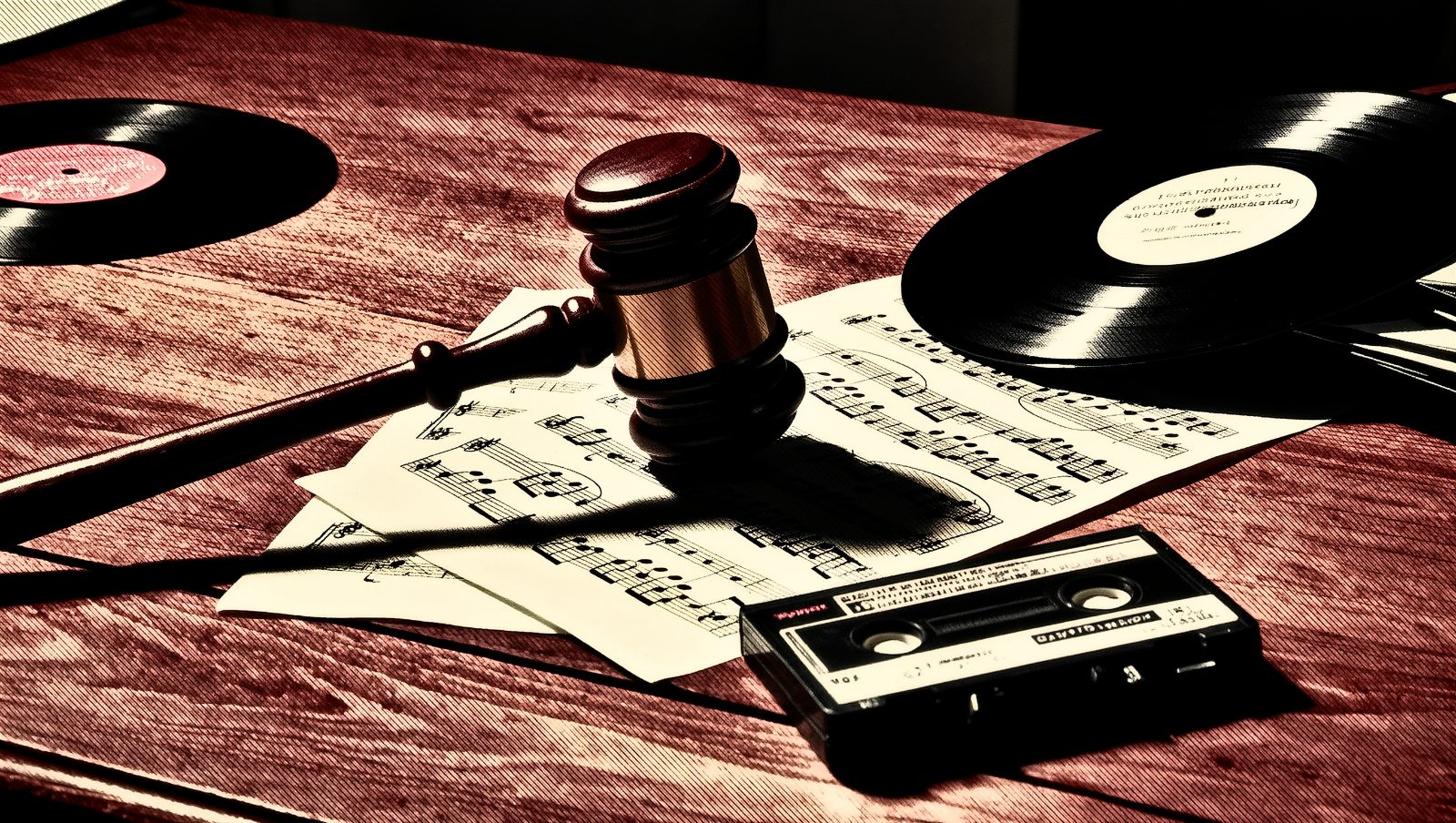 Mazo de juez y partitura simbolizando un juicio por plagio musical