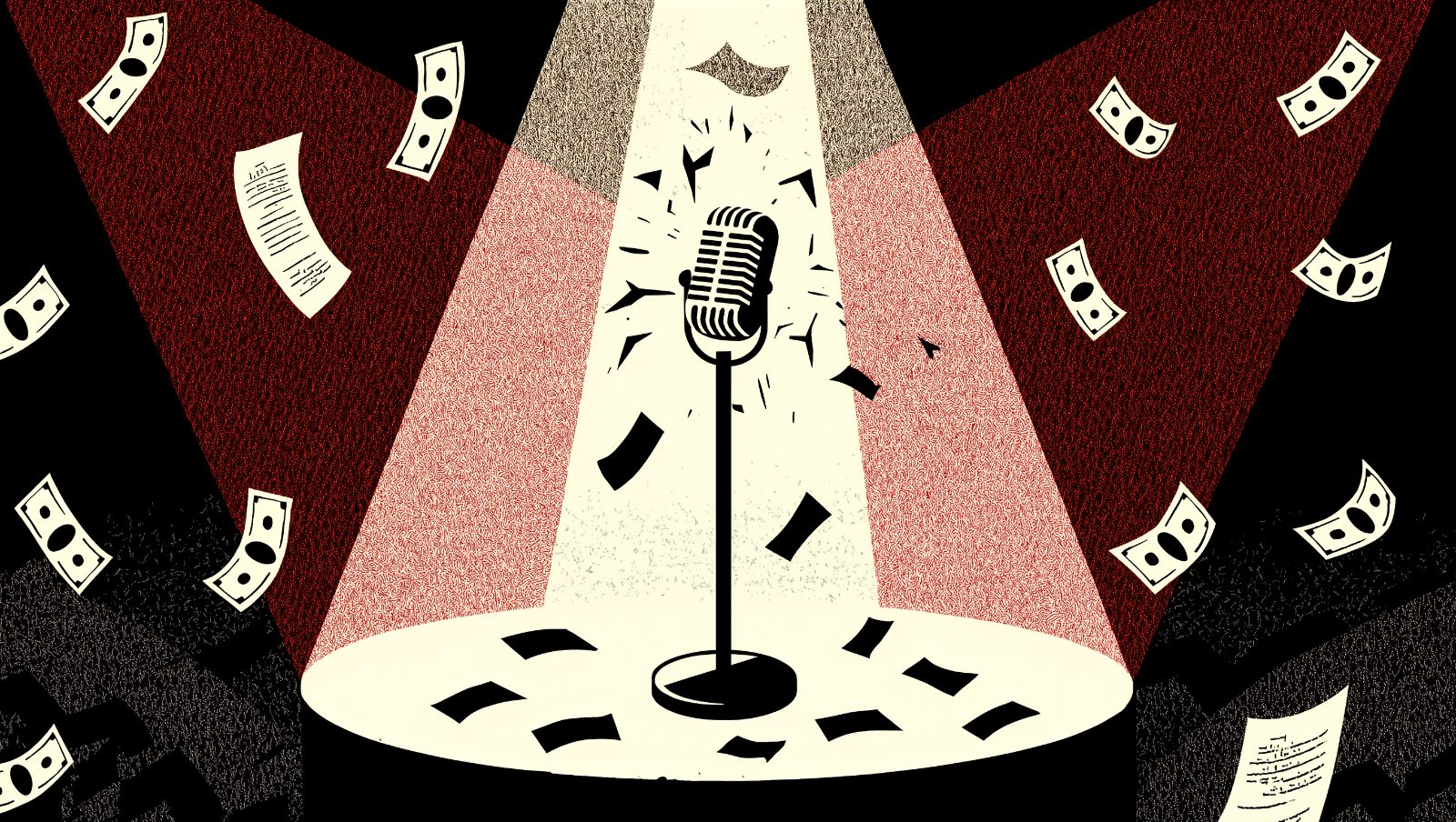 Microfono vintage agrietado con billetes volando simbolizando indemnizaciones por plagio musical