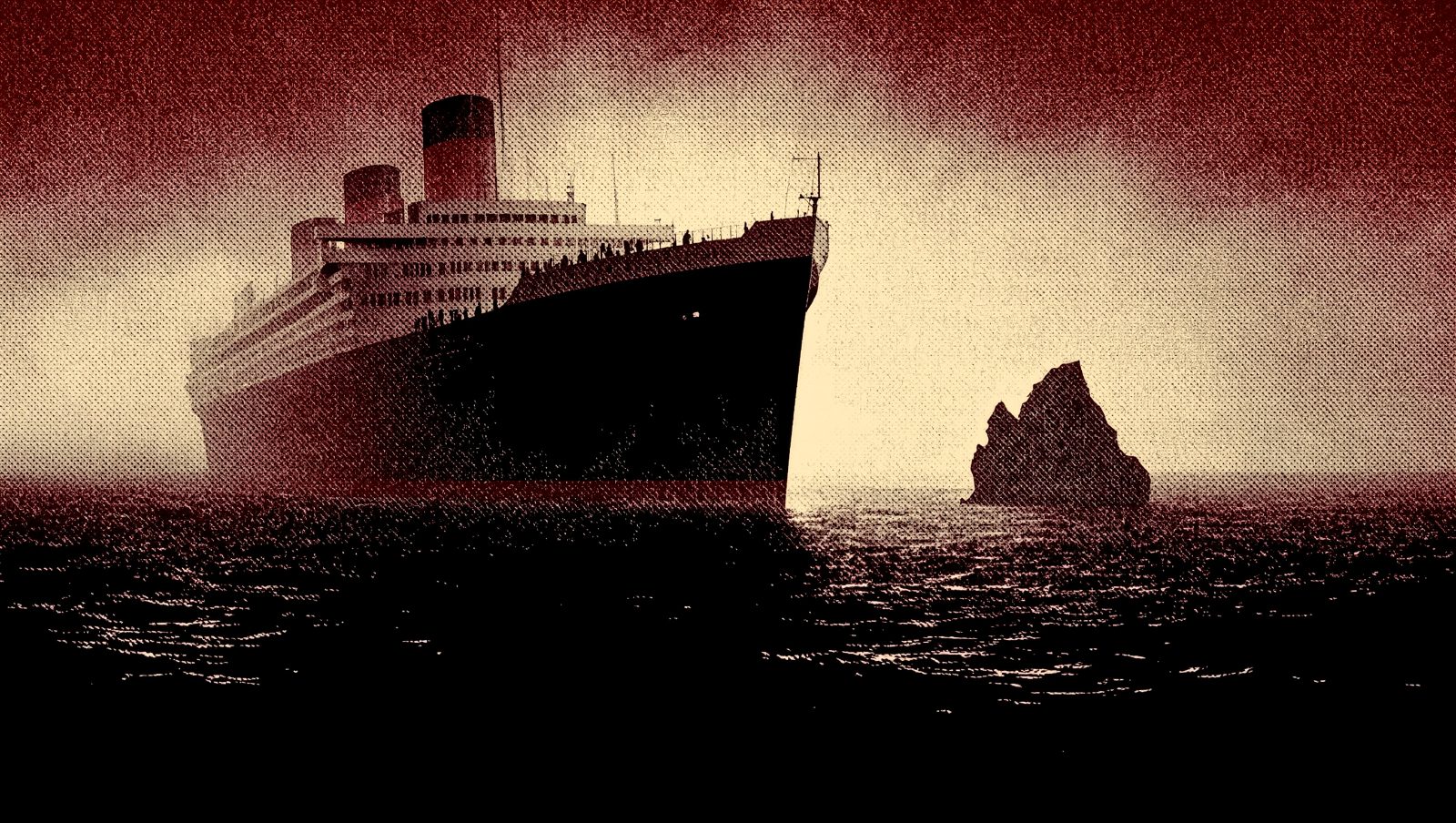 Ilustración grunge de un transatlántico fantasma emergiendo de la niebla junto a un iceberg, referencia a la novela Futility y el Titanic