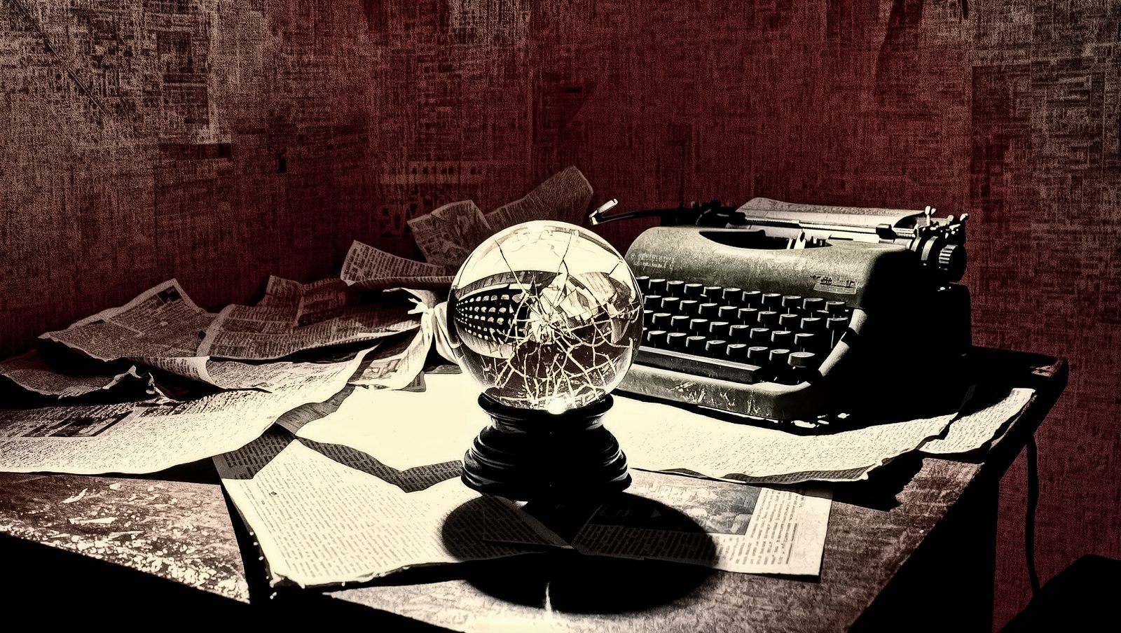 Bola de cristal antigua junto a máquina de escribir vintage, estilo grunge editorial sobre profecías que se cumplieron
