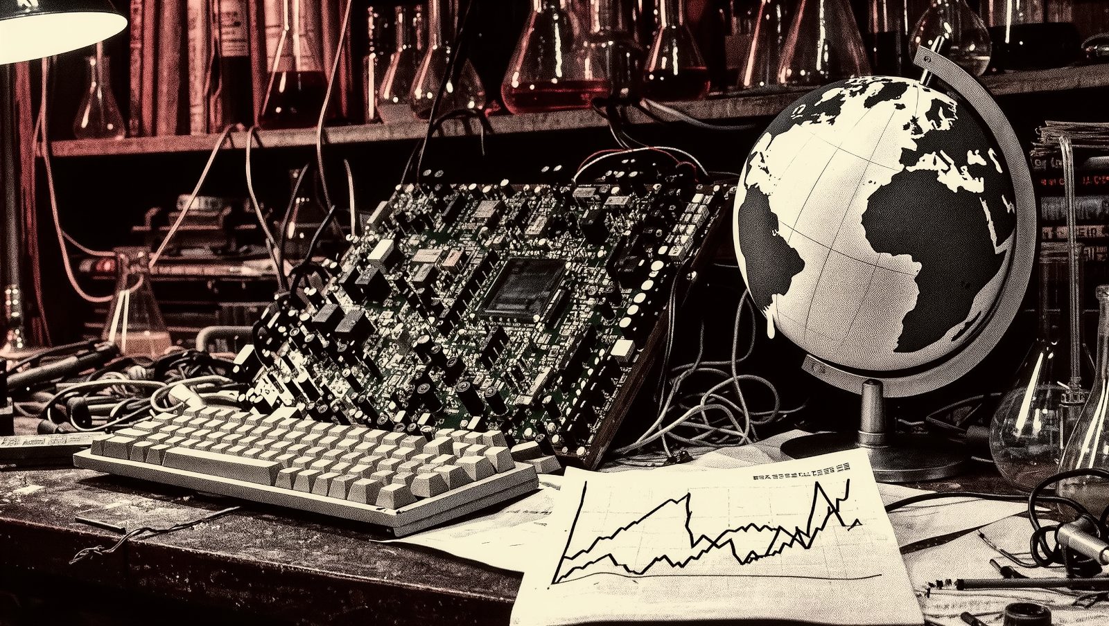 Ilustración grunge de laboratorio vintage con circuito de computadora y gráficos ascendentes, referencia a la Ley de Moore y las predicciones científicas cumplidas