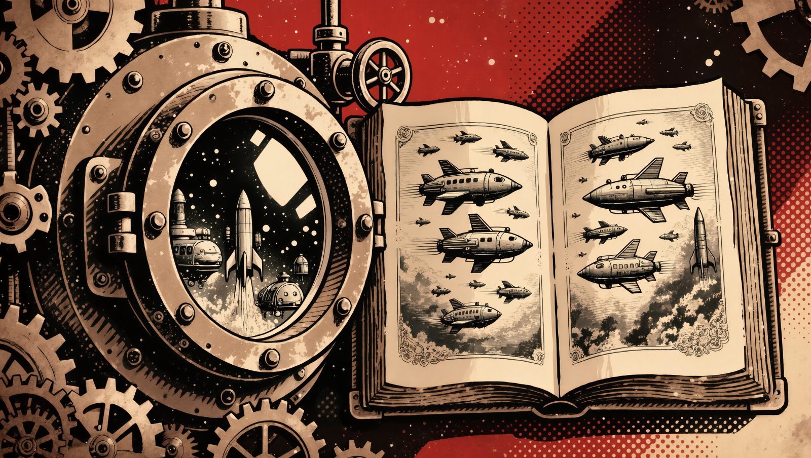 Ilustración estilo grunge retro de un submarino vintage y libro de ciencia ficción antiguo, referencia a las predicciones tecnológicas de Julio Verne