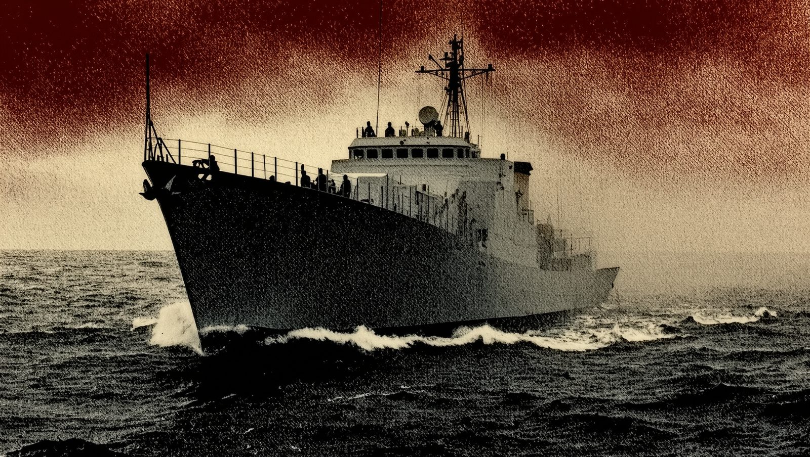 Proyecto SHAD: barco militar rociando niebla química, ilustración estilo grunge retro