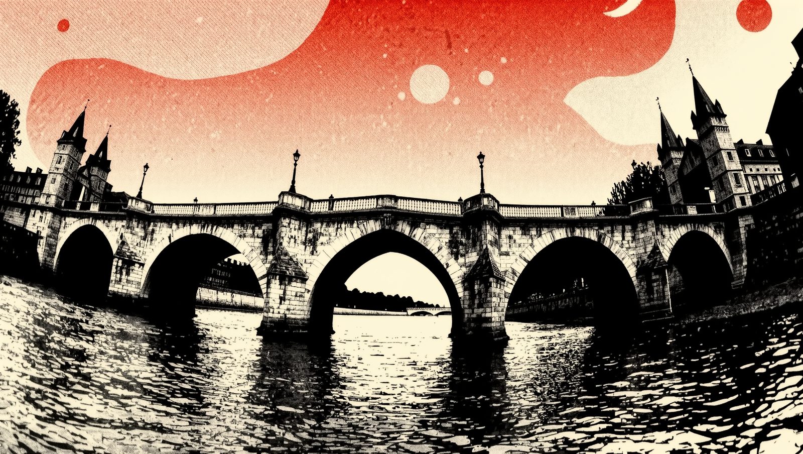 Ilustración artística de un puente ficticio de estilo europeo genérico, representando el simbolismo de apertura y conexión en los billetes de euro