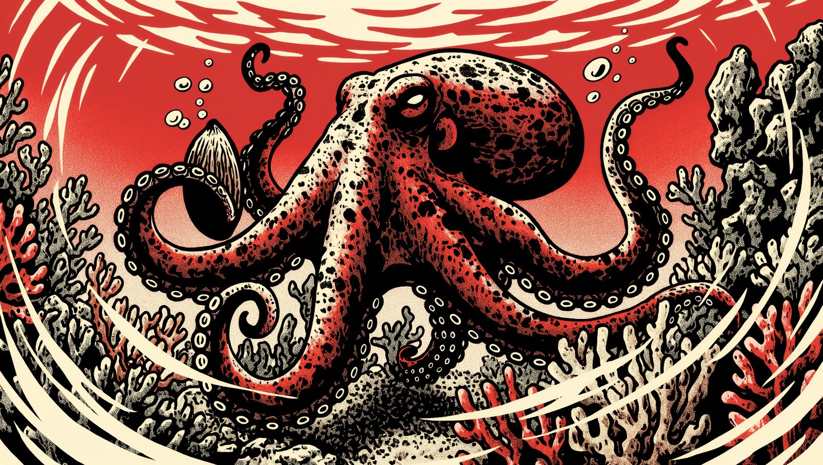 Ilustración estilo grunge retro de un pulpo camuflado en un arrecife sujetando una cáscara de coco como herramienta