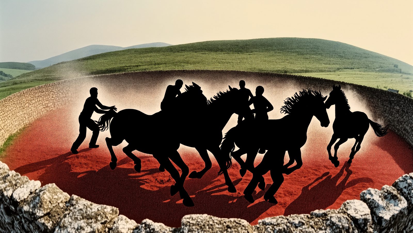Aloitadores luchando con caballos salvajes en el Rapa das Bestas de Galicia, ilustración grunge retro