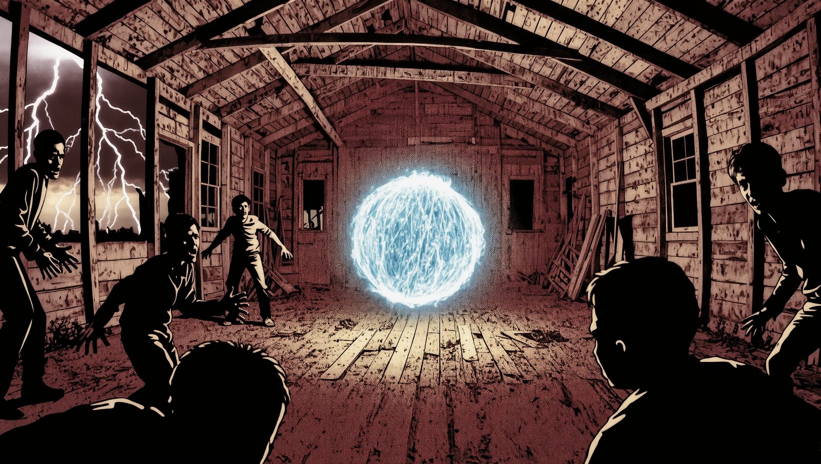 Ilustración estilo grunge de un rayo globular, esfera de luz flotando en una cabaña durante tormenta, fenómeno paranormal con explicación científica