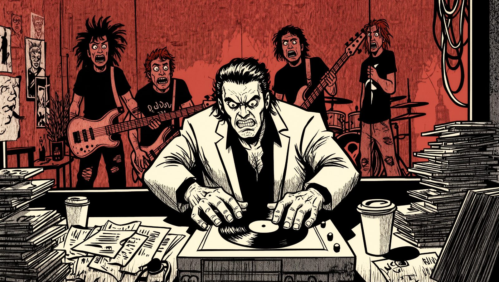 Ejecutivo de discográfica rechazando el máster de una banda de rock en un despacho, ilustración grunge retro