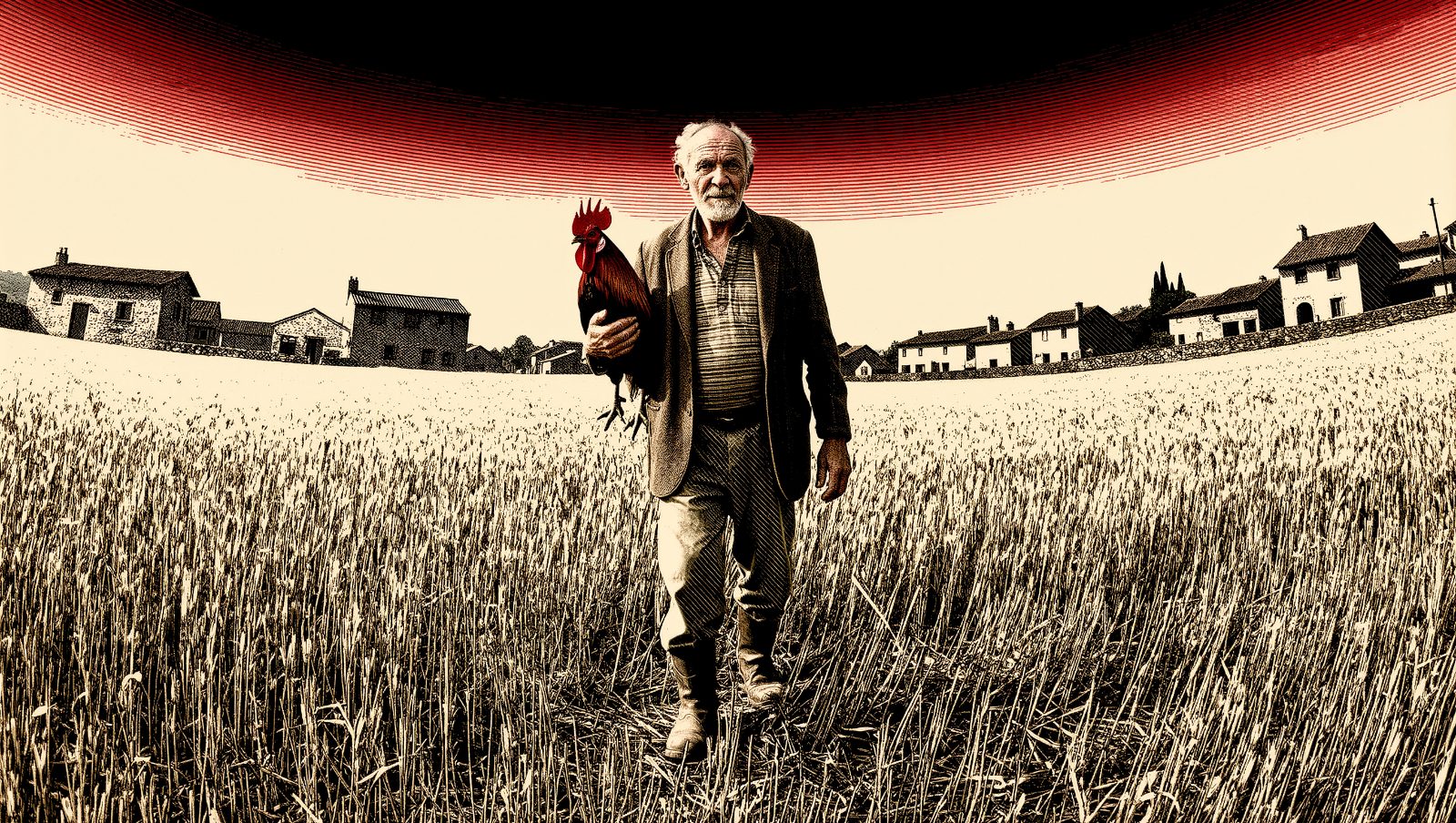 Refranes españoles y su significado real: agricultor español al amanecer, ilustración grunge retro