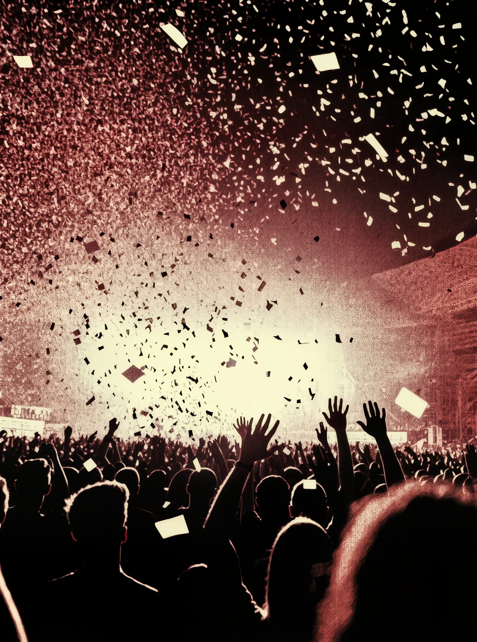 Multitud con las manos alzadas en un concierto masivo nocturno con luces de escenario, ilustración grunge retro