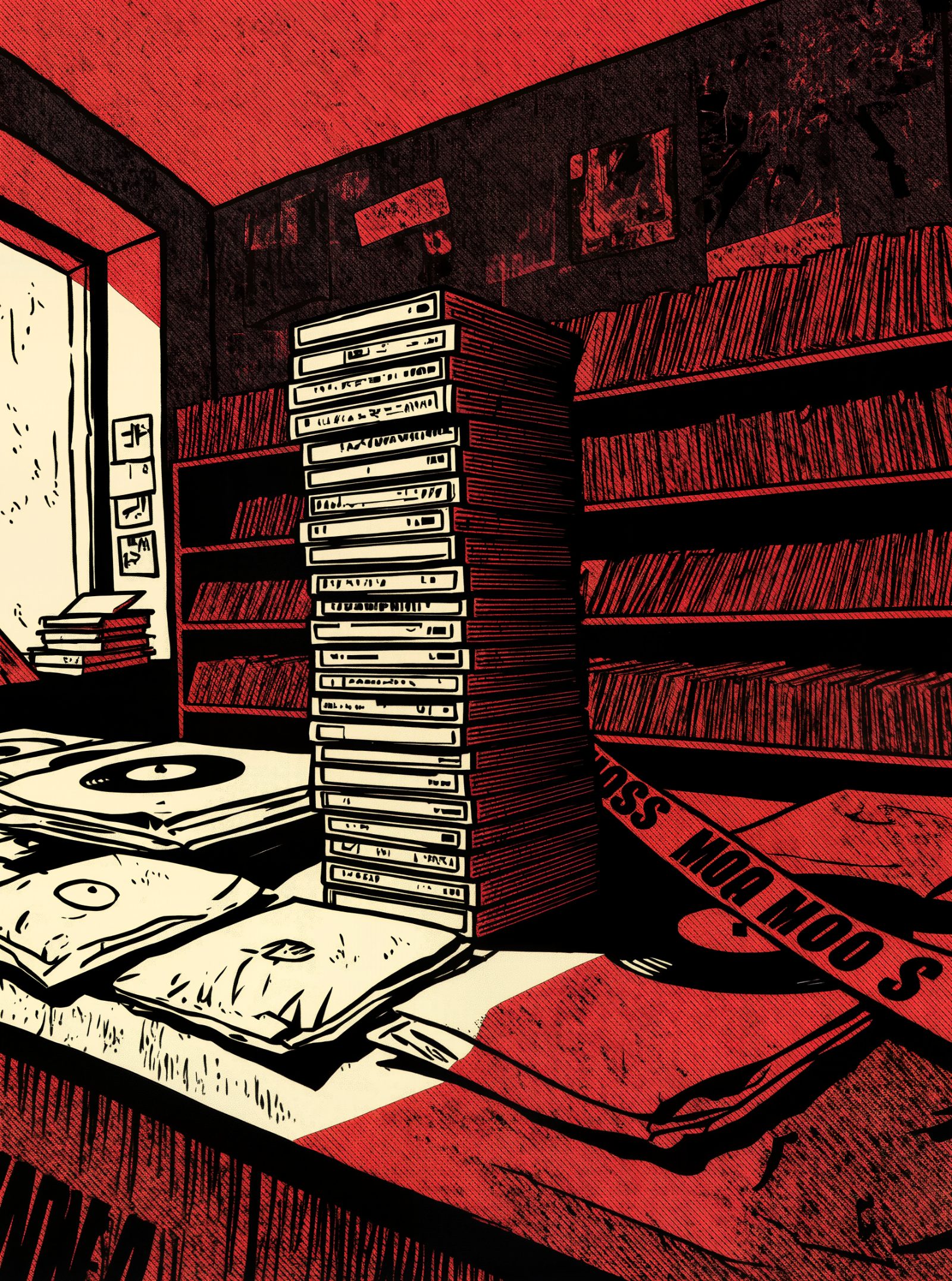 Cassettes y vinilos confiscados detrás de cinta policial en una tienda de discos, ilustración grunge retro