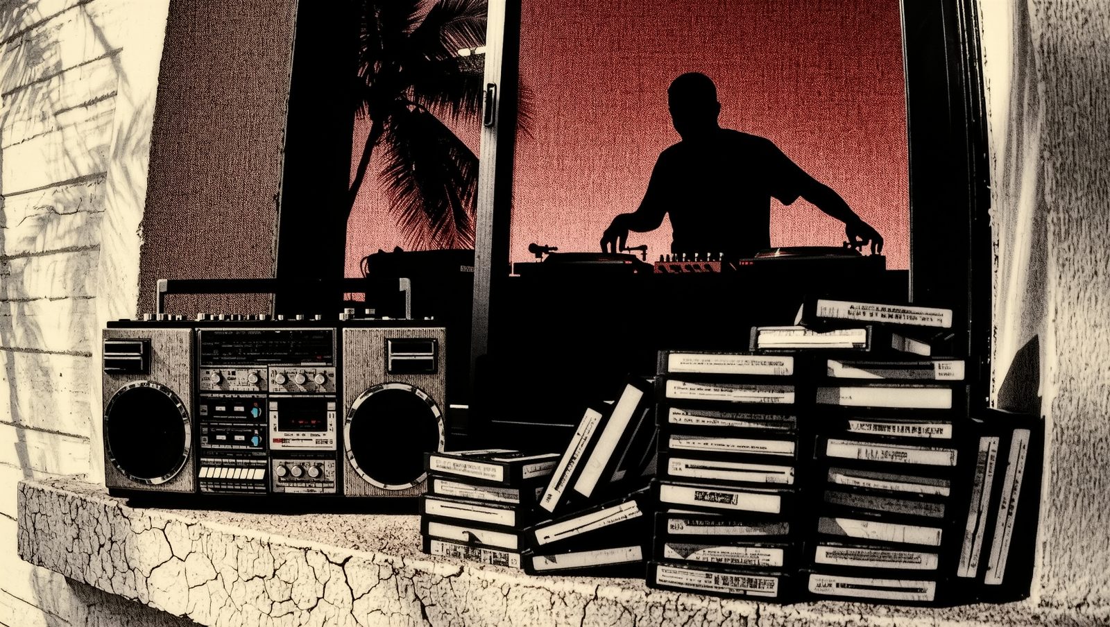 Cassettes piratas y un radiocasete apilados en una ventana de un residencial del Caribe, estética grunge retro