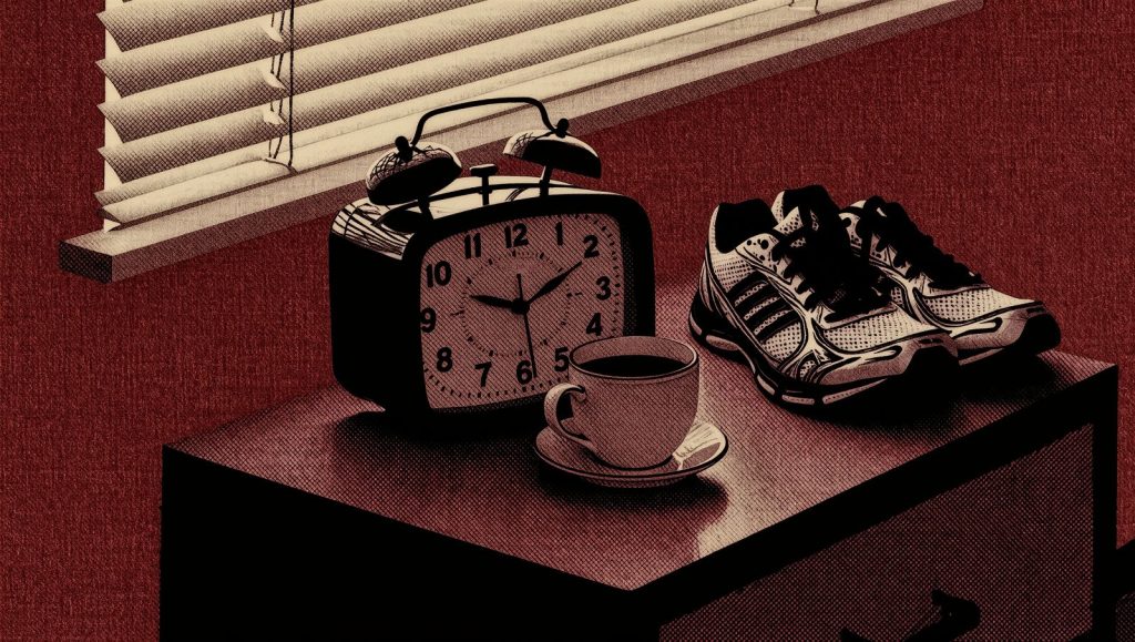 Despertador antiguo marcando las 3:45 junto a una taza de café, ilustración estilo grunge retro sobre rutinas matutinas de gente exitosa