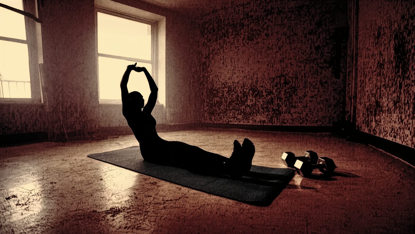 Gimnasio vacío al amanecer con mancuernas y esterilla de yoga, ilustración estilo grunge retro sobre rutinas matutinas de gente exitosa