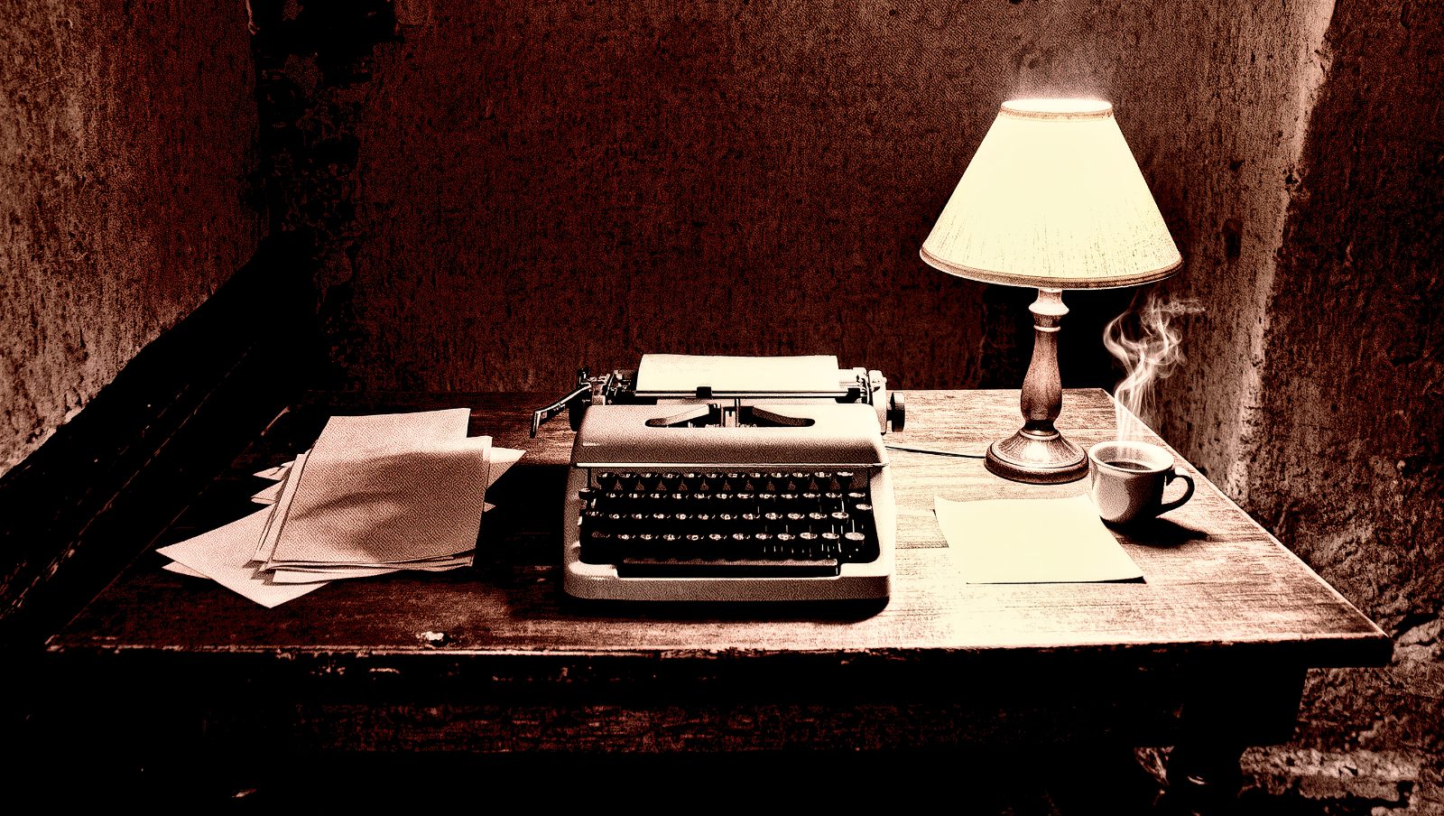Máquina de escribir antigua en un escritorio al amanecer con una taza de café humeante, ilustración estilo grunge retro sobre rutinas matutinas de escritores