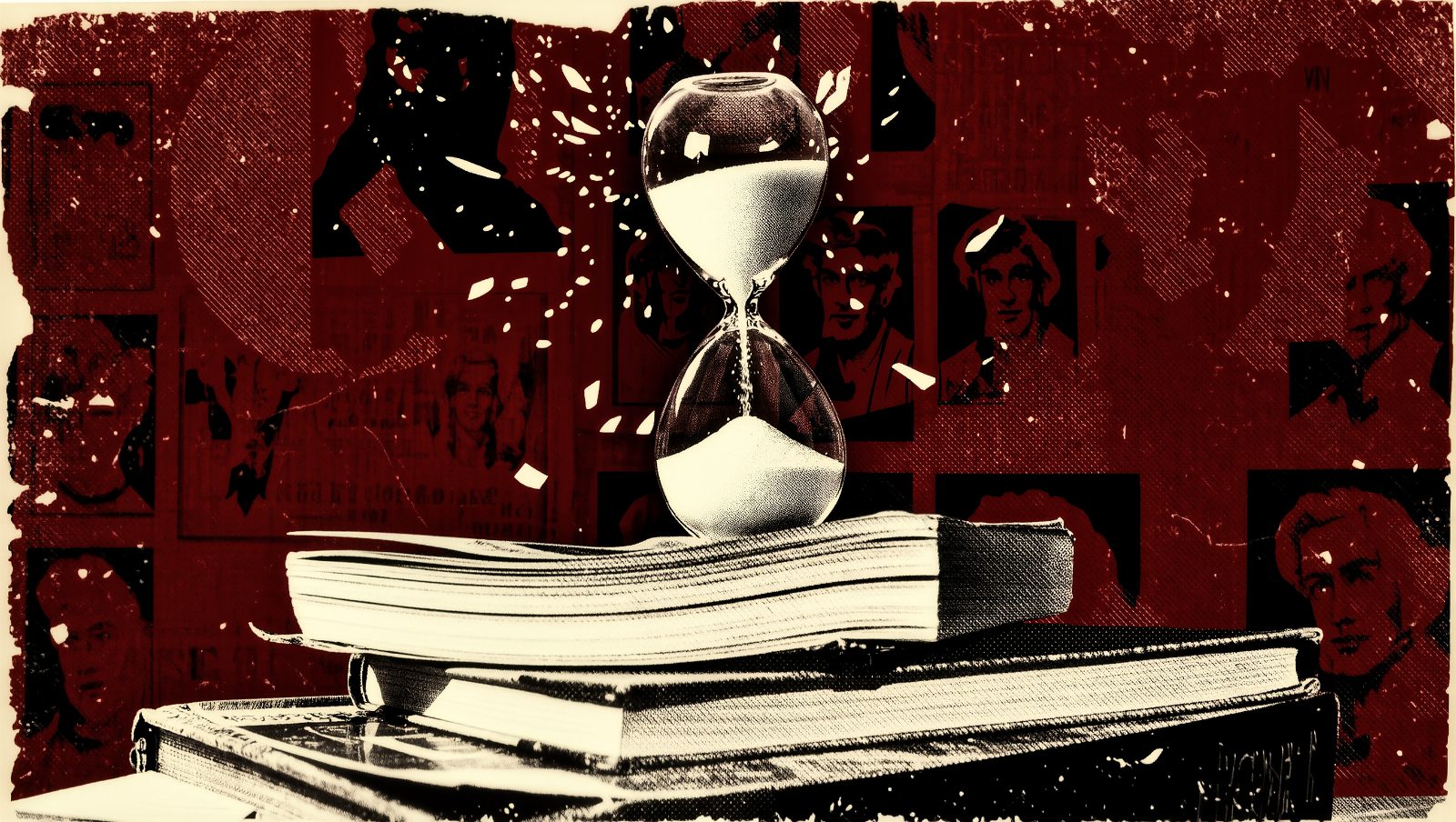 Reloj de arena roto derramando arena sobre libros de autoayuda, ilustración estilo grunge retro simbolizando el sesgo de supervivencia en las rutinas matutinas