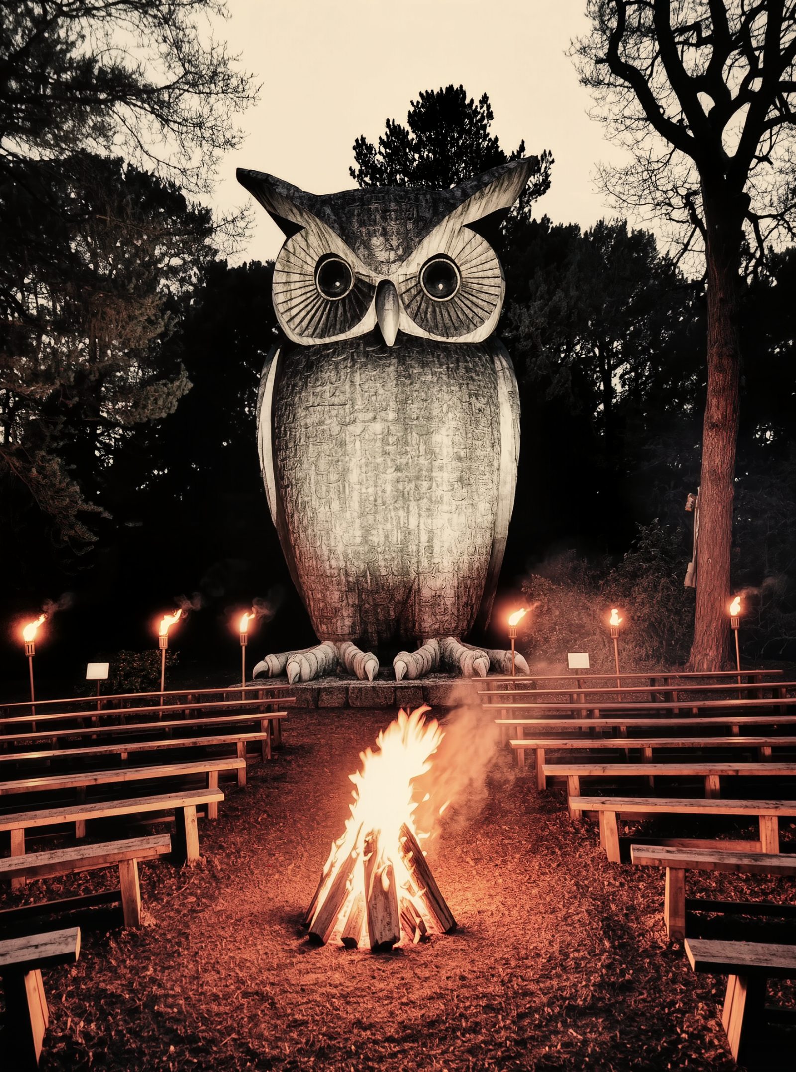 Estatua de búho de piedra en un claro de bosque con antorchas, ilustración simbólica sobre retiros exclusivos de élite