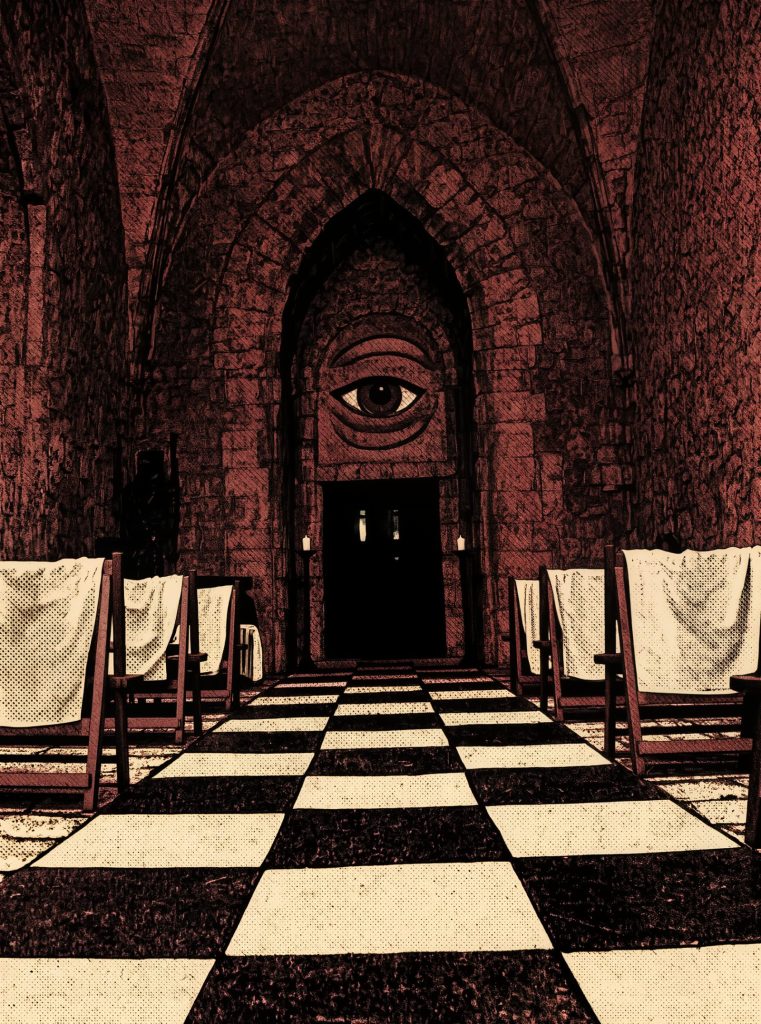 Cámara ritual simbólica con arco de piedra y ojo tallado, ilustración de estilo grunge sobre sociedades secretas reales