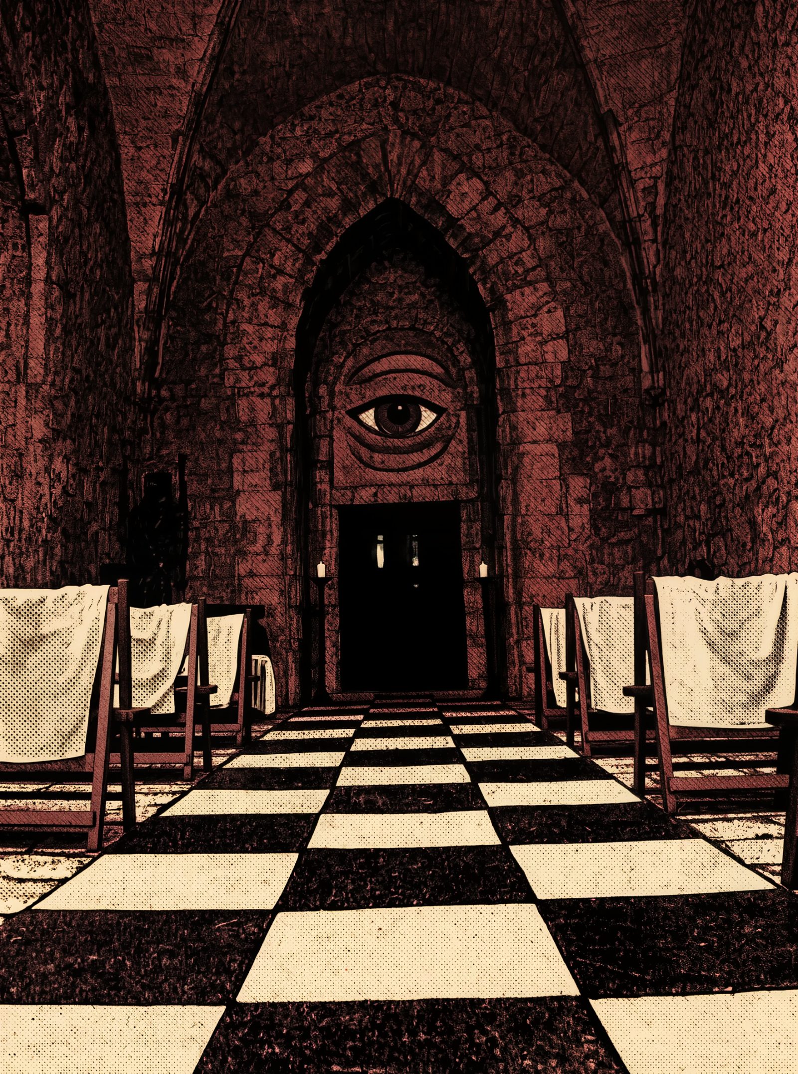 Cámara ritual simbólica con arco de piedra y ojo tallado, ilustración de estilo grunge sobre sociedades secretas reales