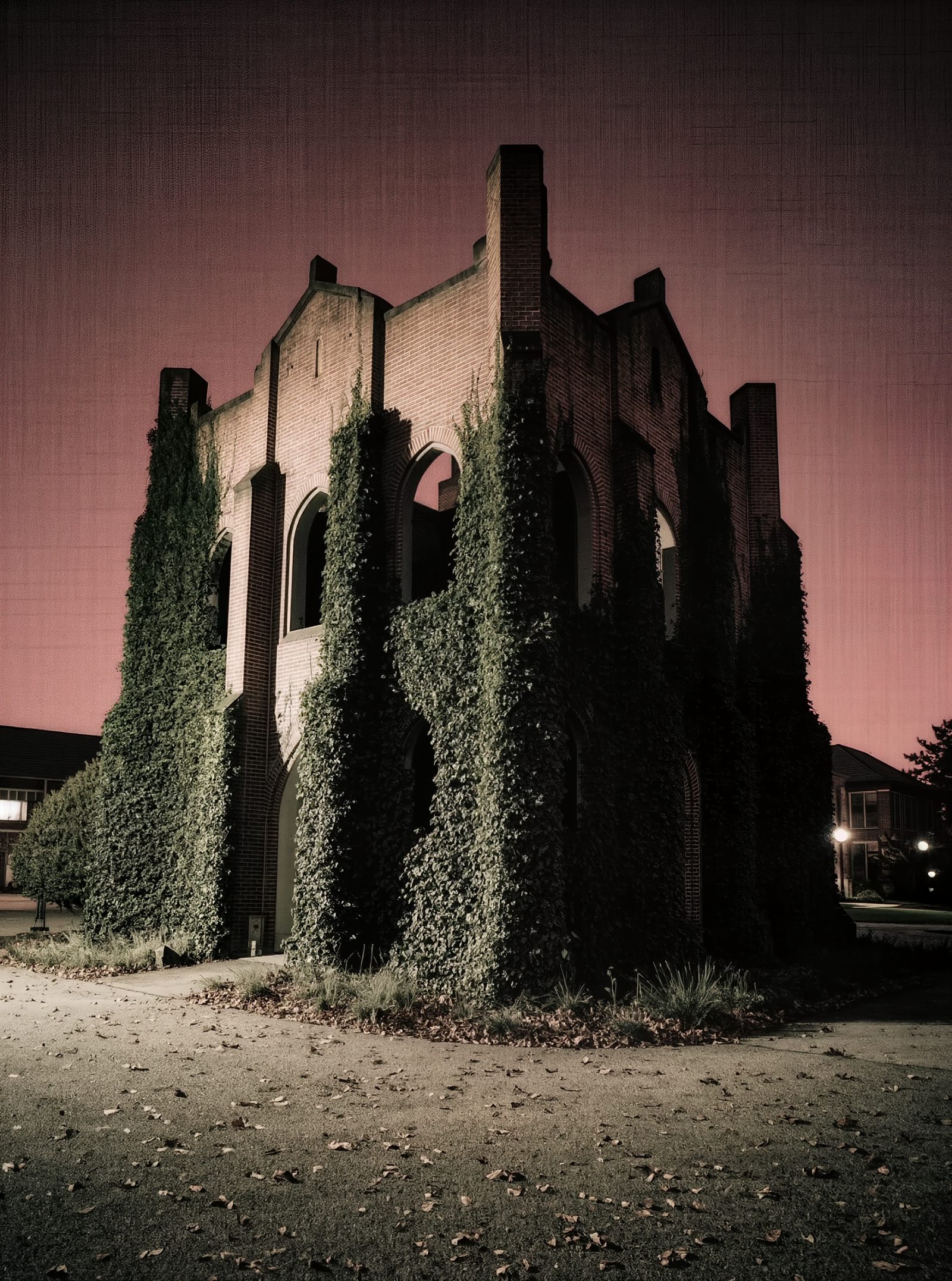 Edificio universitario sin ventanas cubierto de hiedra al atardecer, ilustración simbólica sobre sociedades secretas de campus