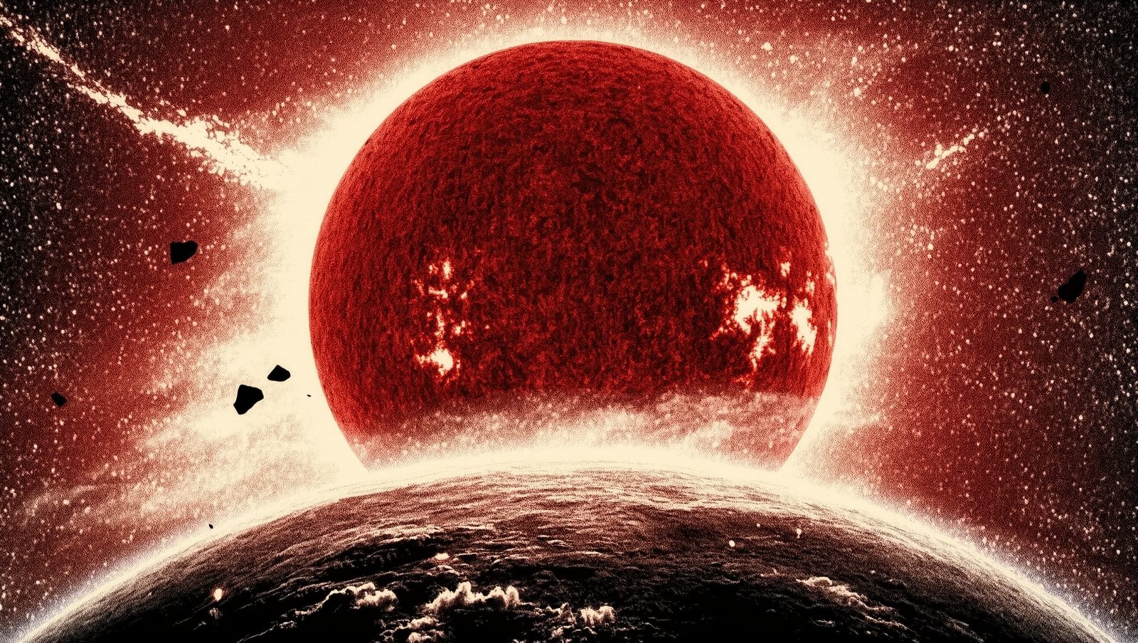 Ilustración estilo grunge retro del Sol convertido en gigante roja engullendo la Tierra