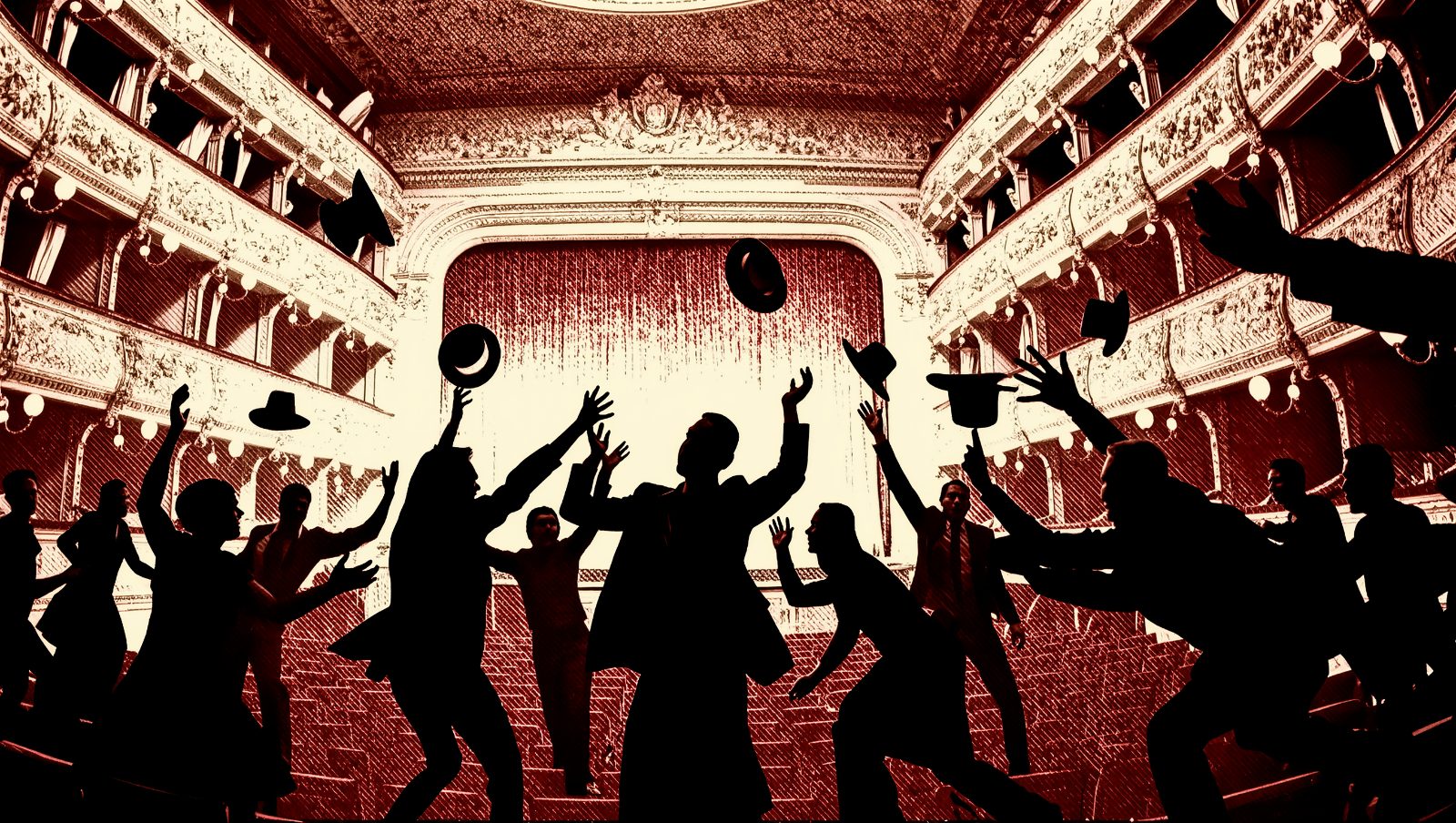 Siluetas de un público enfrentado en un teatro durante un motín en un estreno musical de 1913, estilo grunge retro