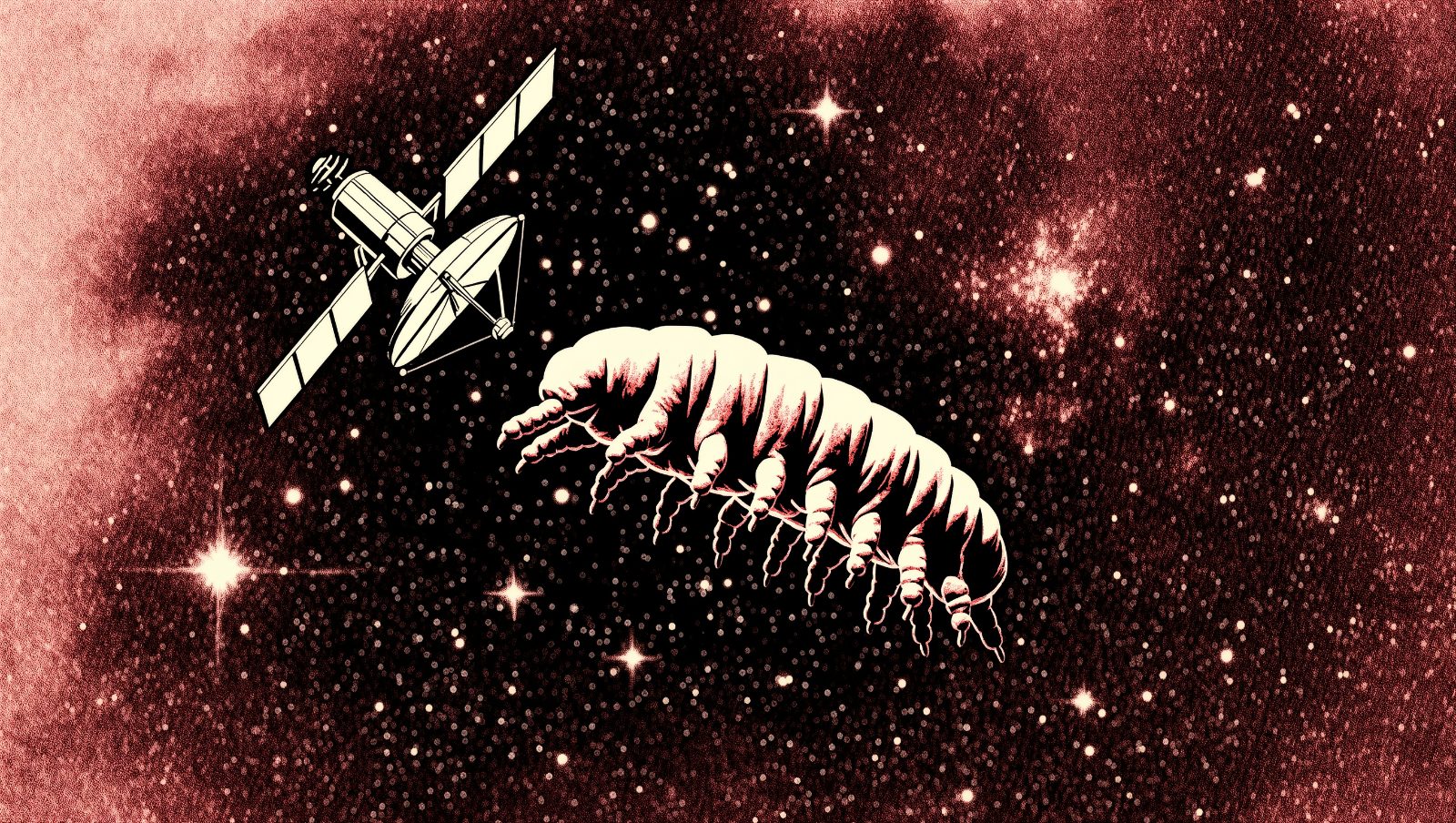 Ilustración estilo grunge retro de un tardígrado flotando en el vacío del espacio junto a un satélite