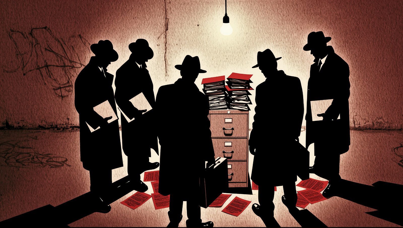 Archivos secretos de gobierno con documentos redactados, ilustración grunge retro
