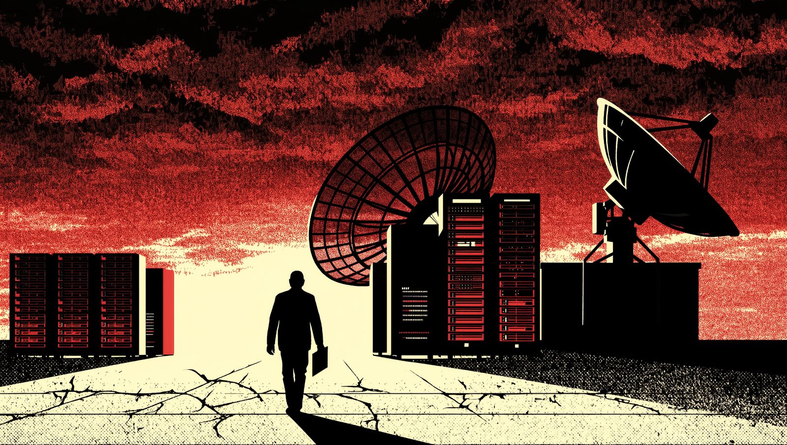 Ilustración de vigilancia masiva con antenas y servidores, referencia al caso PRISM y Snowden