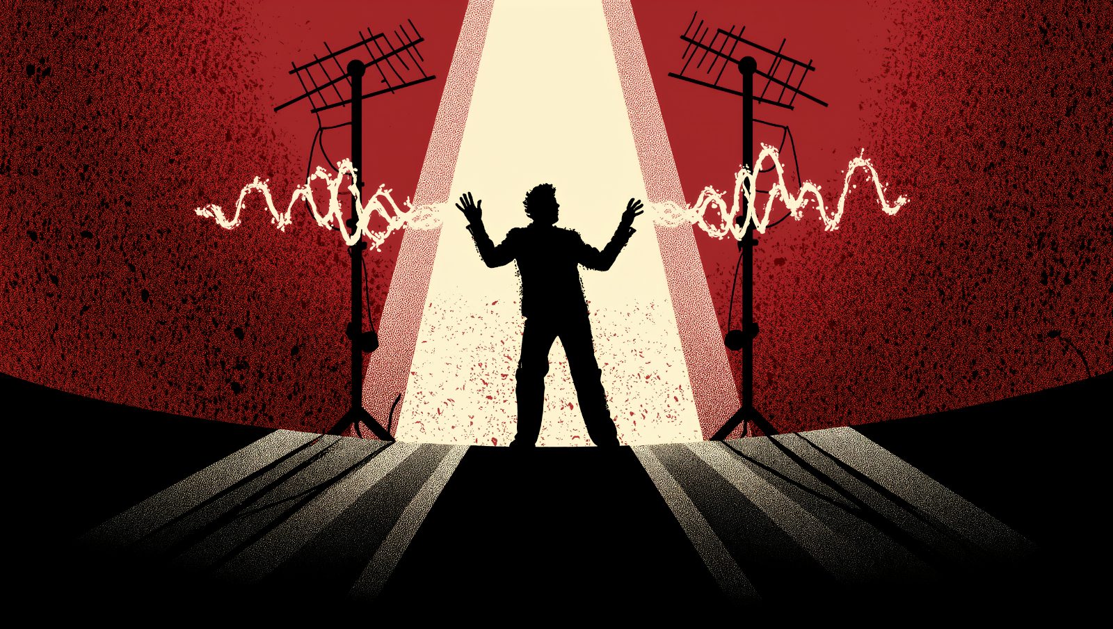 Ilustración de un músico tocando un theremín moviendo las manos en el aire junto a dos antenas metálicas
