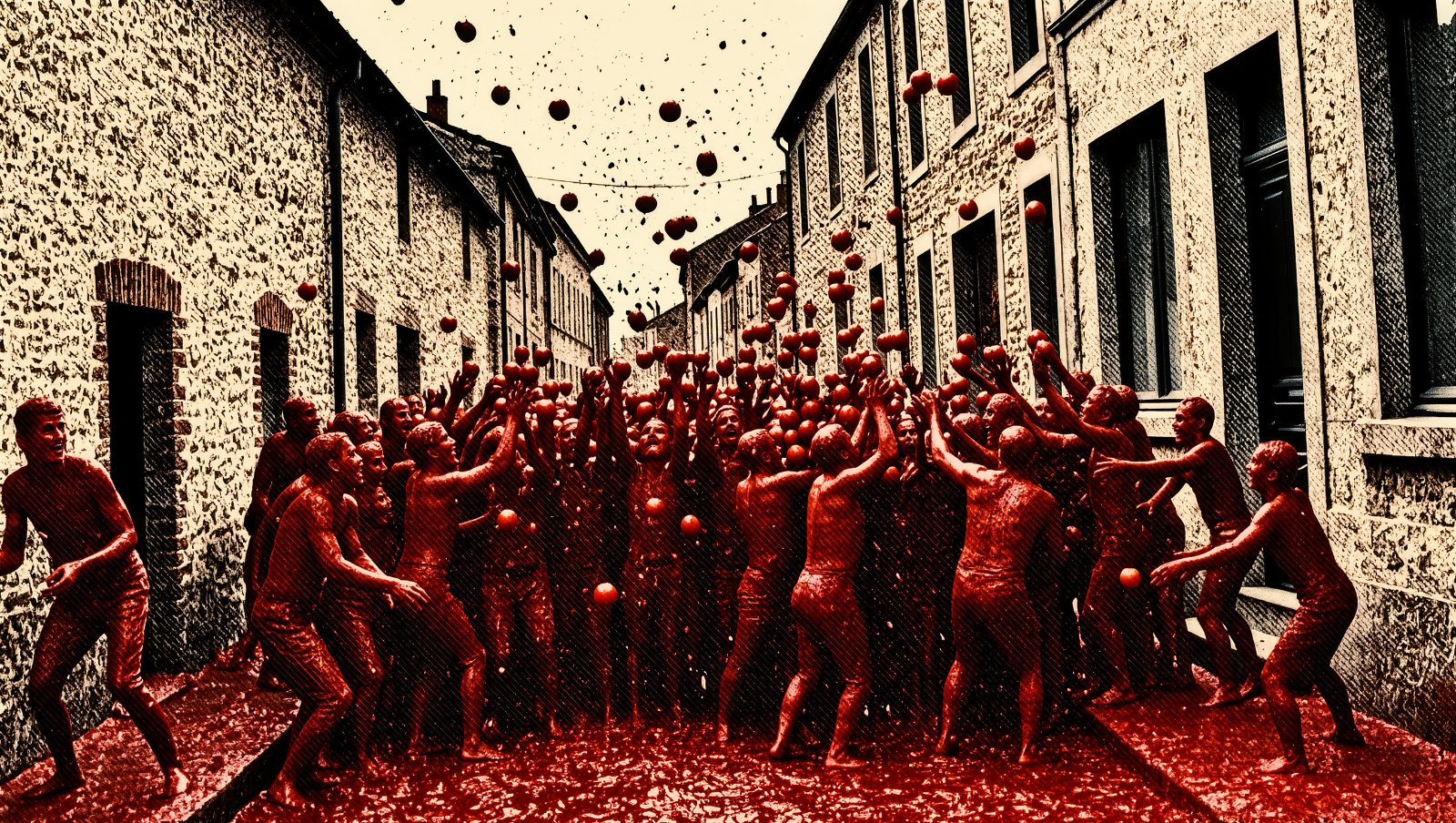 Batalla de tomates en La Tomatina de Buñol, ilustración estilo grunge retro halftone