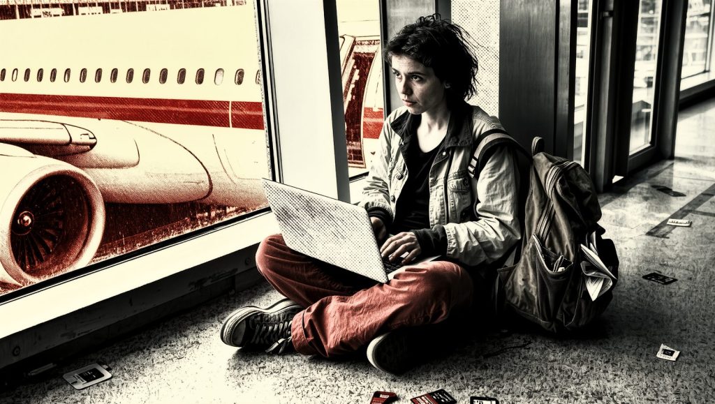 Viajero trabajando con portátil en el aeropuerto esperando su vuelo, estilo ilustración grunge retro