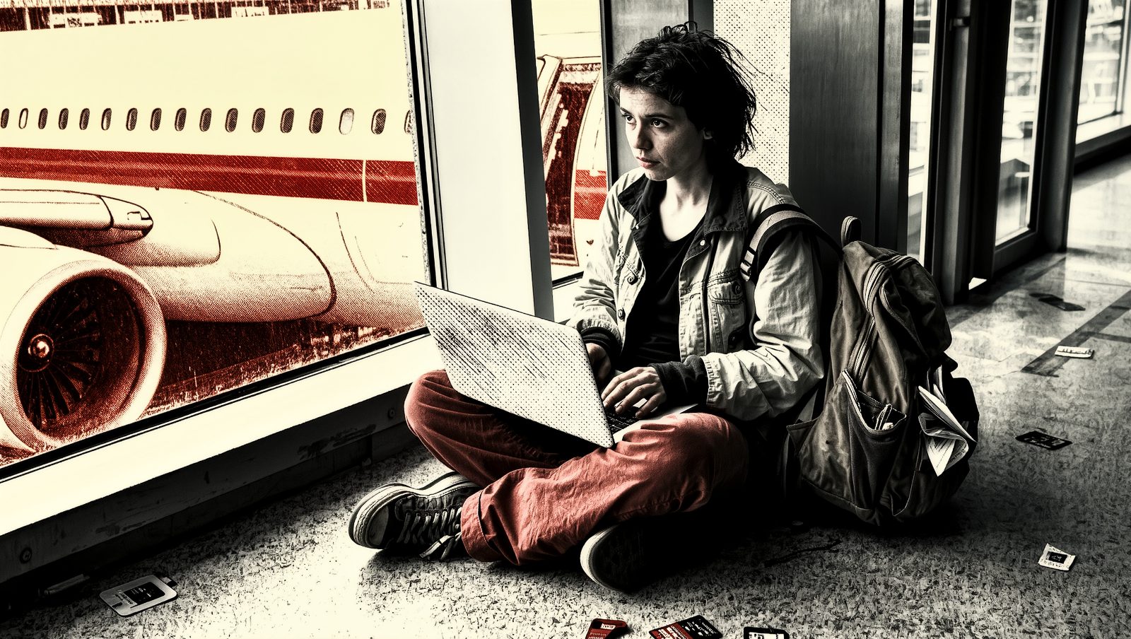 Viajero trabajando con portátil en el aeropuerto esperando su vuelo, estilo ilustración grunge retro