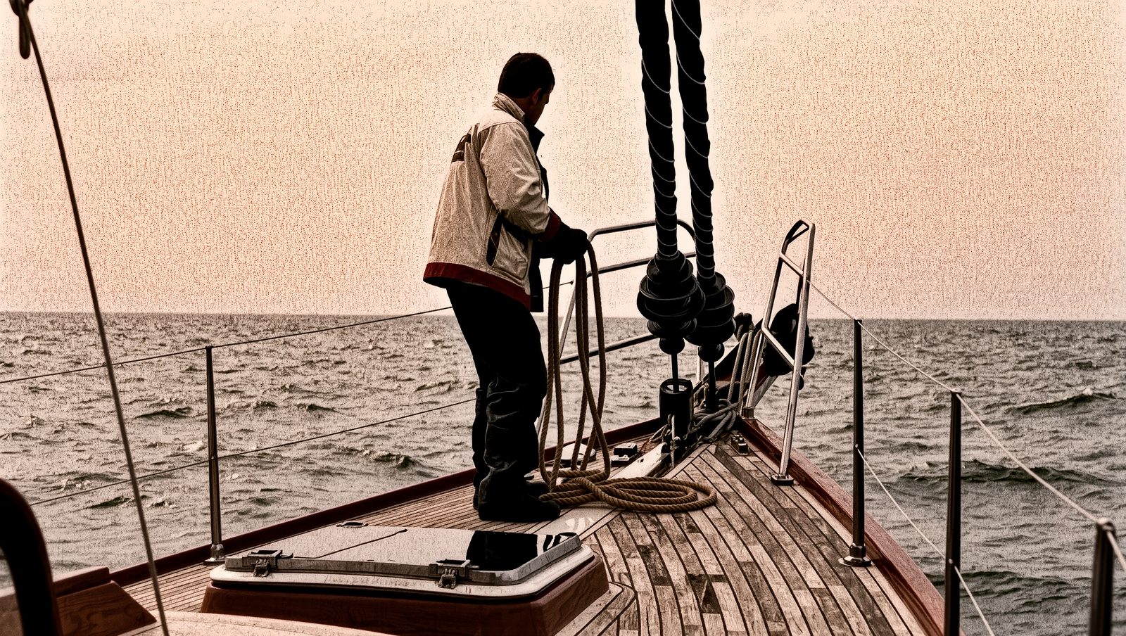 Tripulante de yate trabajando en cubierta con el horizonte marino de fondo, ilustración estilo grunge retro