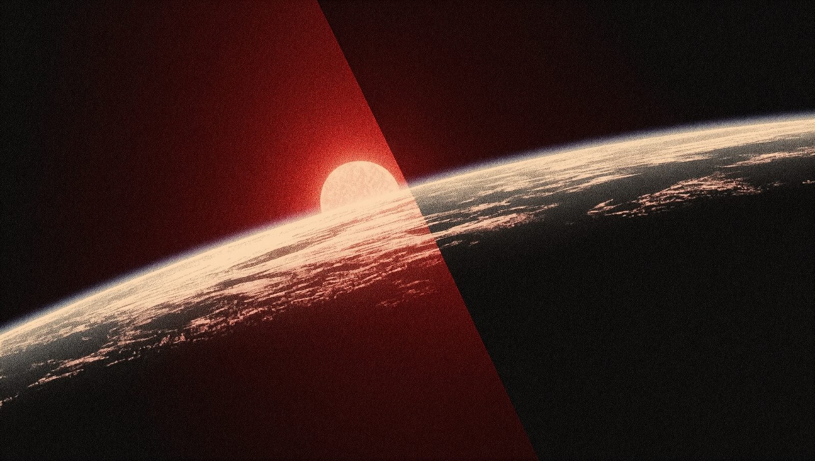 Ilustración estilo grunge retro de un exoplaneta con acoplamiento mareal, mitad día ardiente y mitad noche congelada