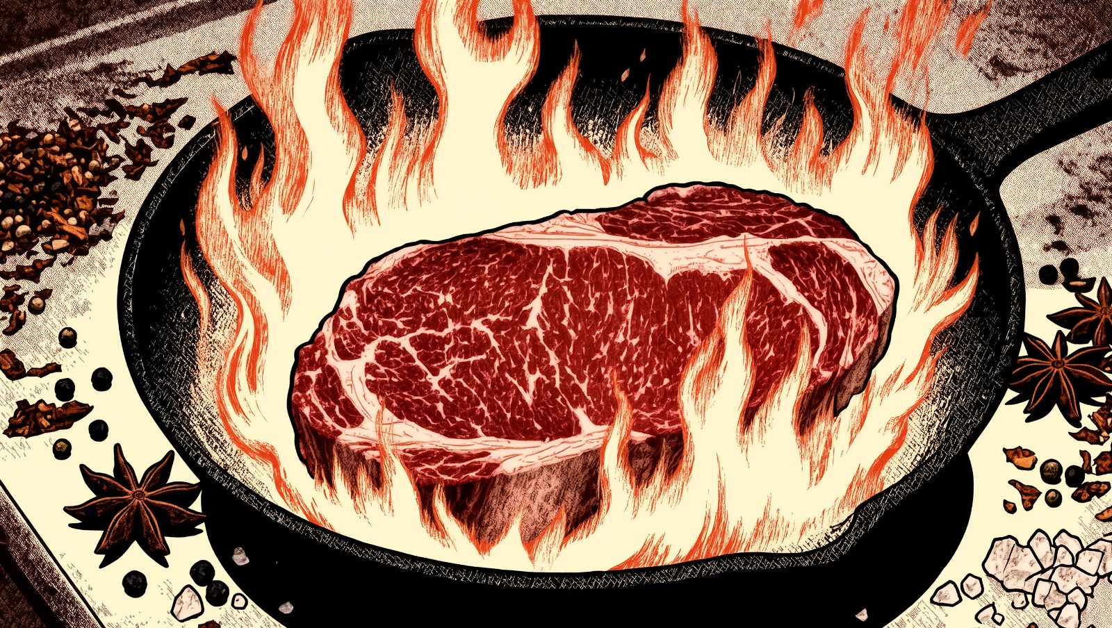 Filete de carne dorándose con la reacción de Maillard en una sartén de hierro fundido con humo