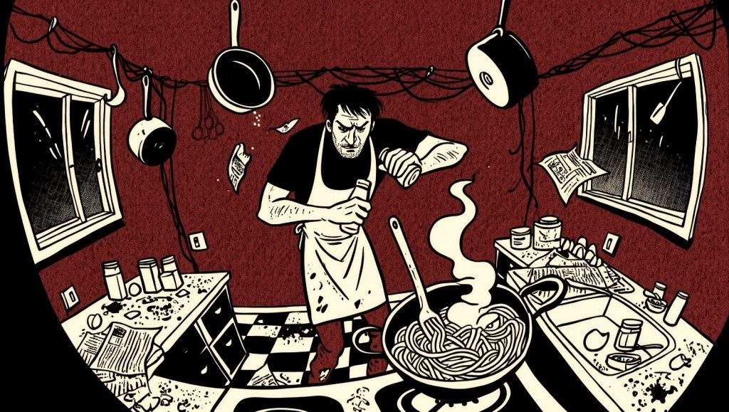 Persona salando una olla de agua hirviendo para pasta en una cocina con estilo grunge retro