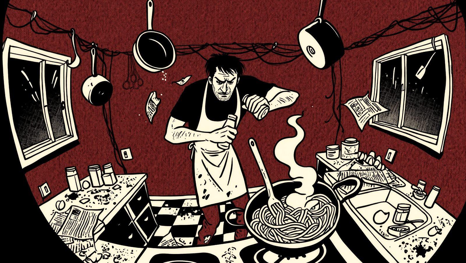 Persona salando una olla de agua hirviendo para pasta en una cocina con estilo grunge retro