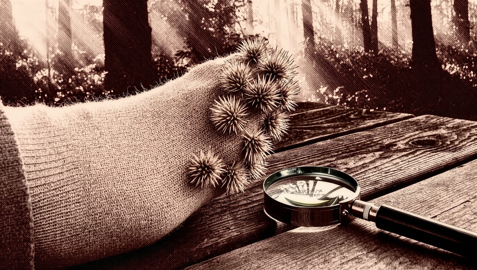 Ilustración retro grunge en macro de espinas de bardana enganchadas a tela, origen accidental del velcro