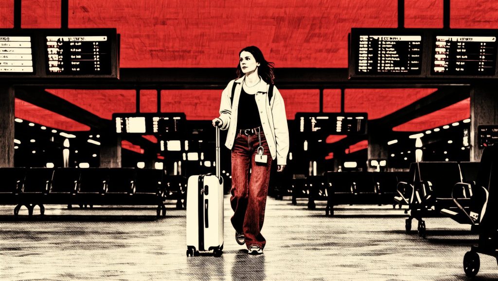 Mujer viajando sola por primera vez con maleta en el aeropuerto