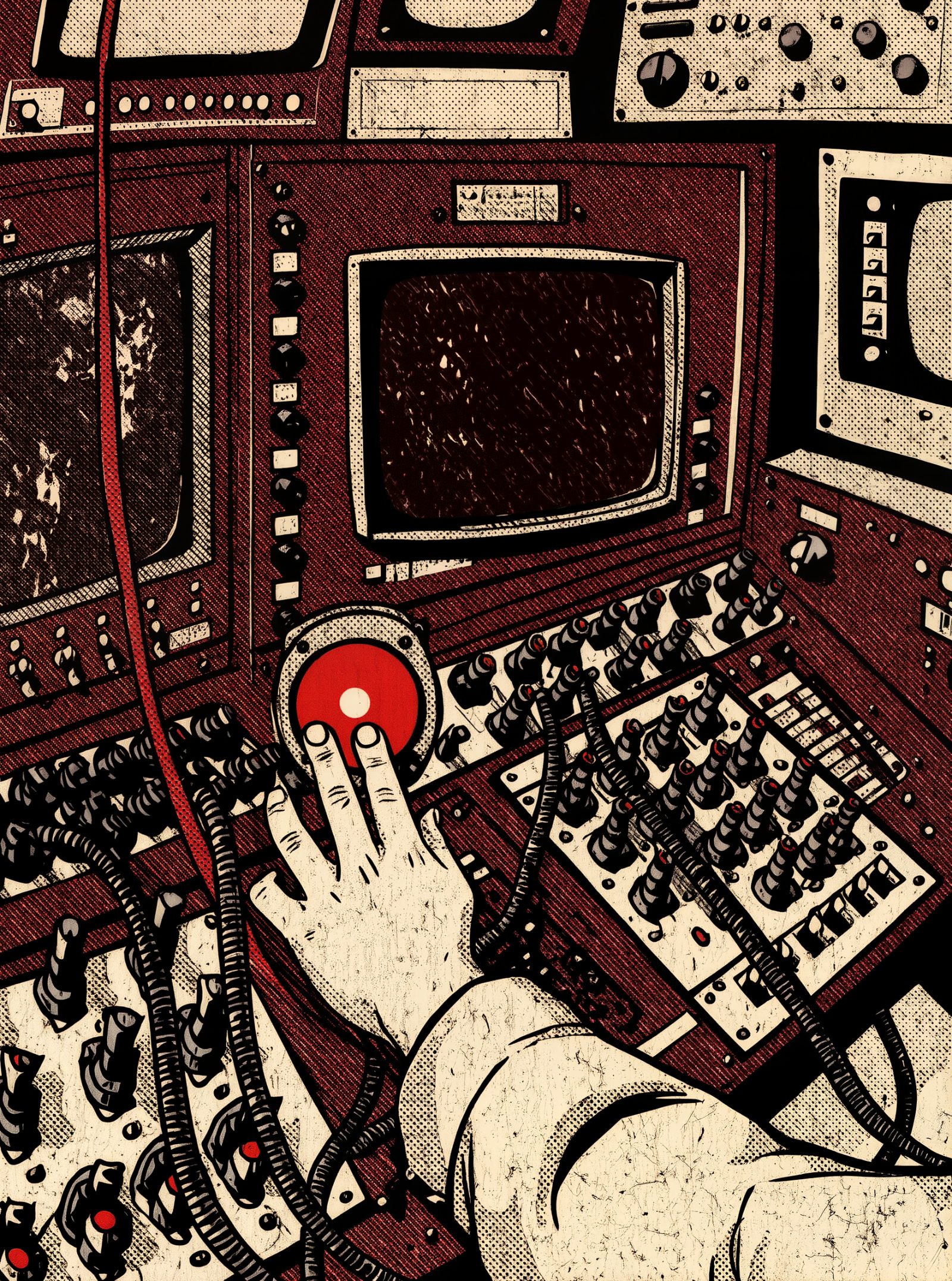 Sala de control de televisión vintage con luz roja de emisión apagada y una mano pulsando un botón de parada, cables de vídeo enredados