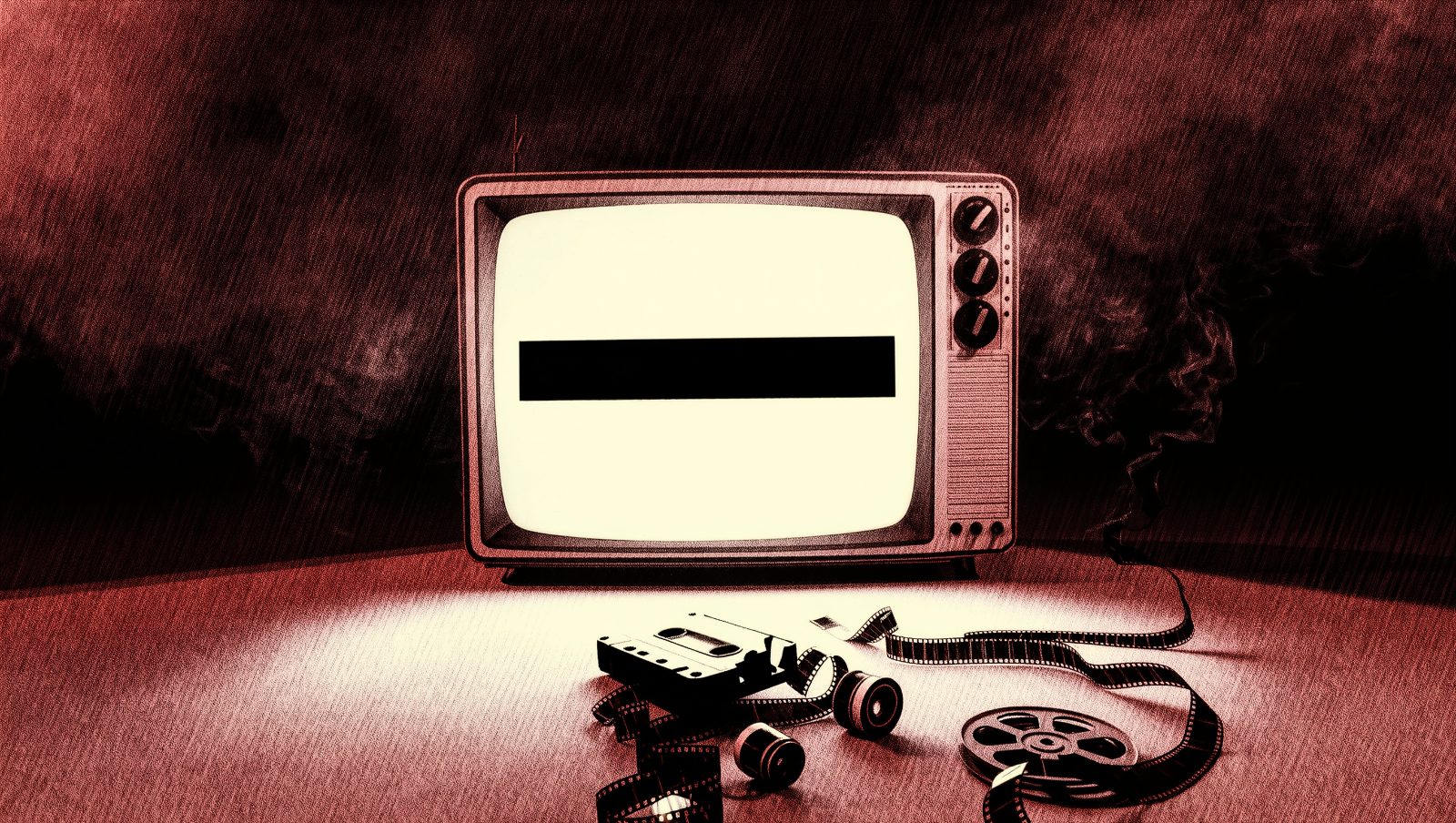 Televisor vintage con barra de censura negra sobre la pantalla y cinta de vídeo rota en el suelo, ilustración de videoclips prohibidos